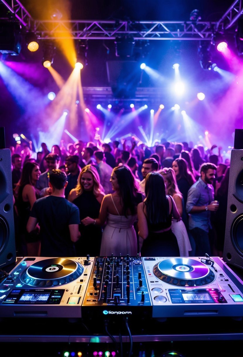 A DJ booth with a turntable, mixer, and speakers. Crowd in background, dancing and socializing. Disco lights and colorful spotlights illuminate the scene