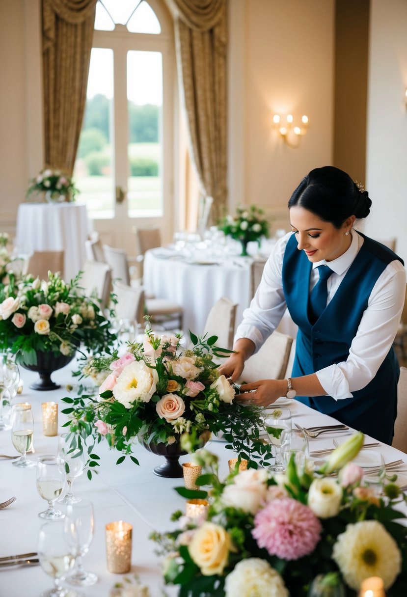 A wedding venue with tables adorned with floral arrangements, a florist carefully arranging and then later dismantling the beautiful blooms