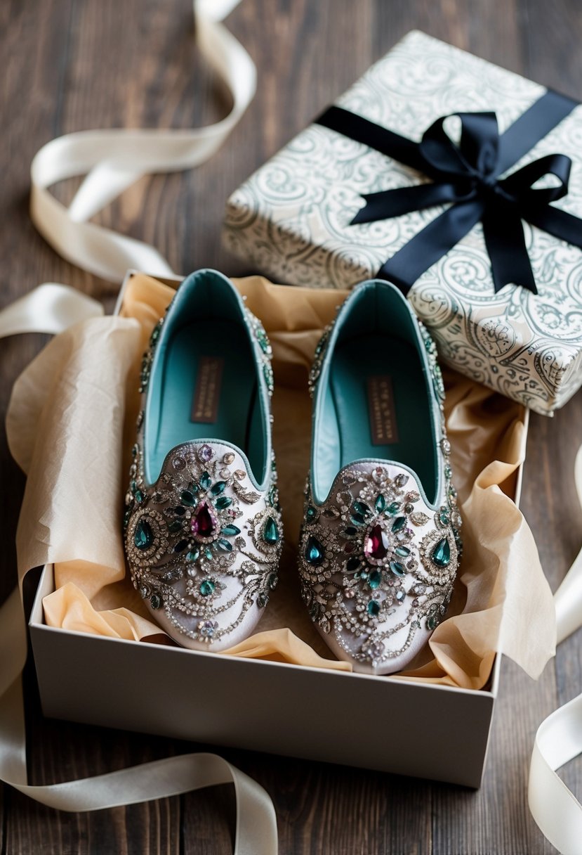 A pair of ornate, bejeweled slippers nestled in a bed of delicate tissue paper inside a luxurious gift box adorned with intricate patterns and elegant ribbon