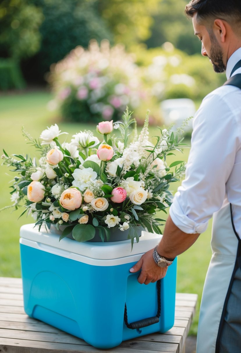 A wedding florist carefully packs extra flowers in a cooler, preparing for any unexpected changes on the big day