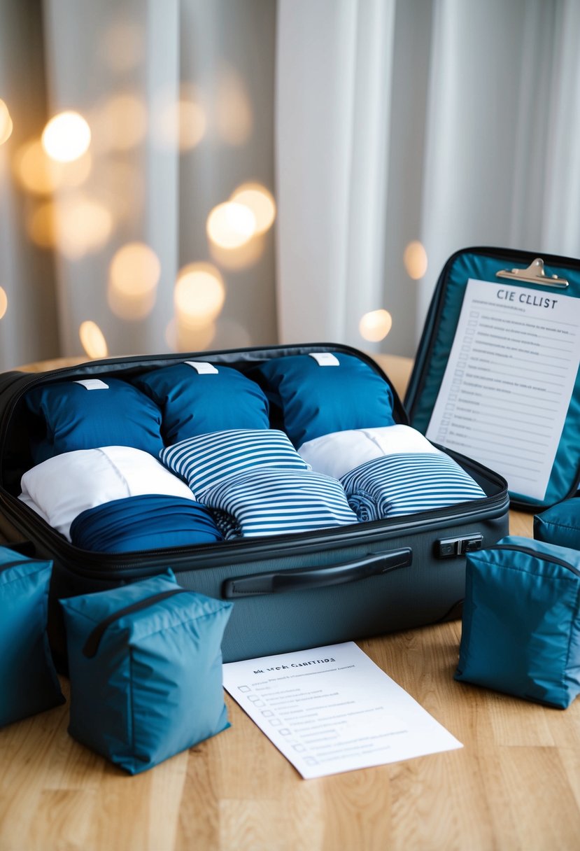 A suitcase filled with neatly folded specialized undergarments for a wedding, surrounded by packing cubes and a checklist