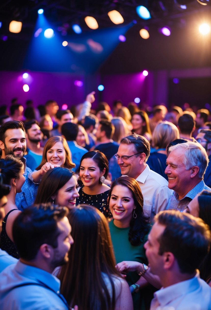 A crowded dance floor with diverse ages, smiling faces, and lively energy as music fills the air