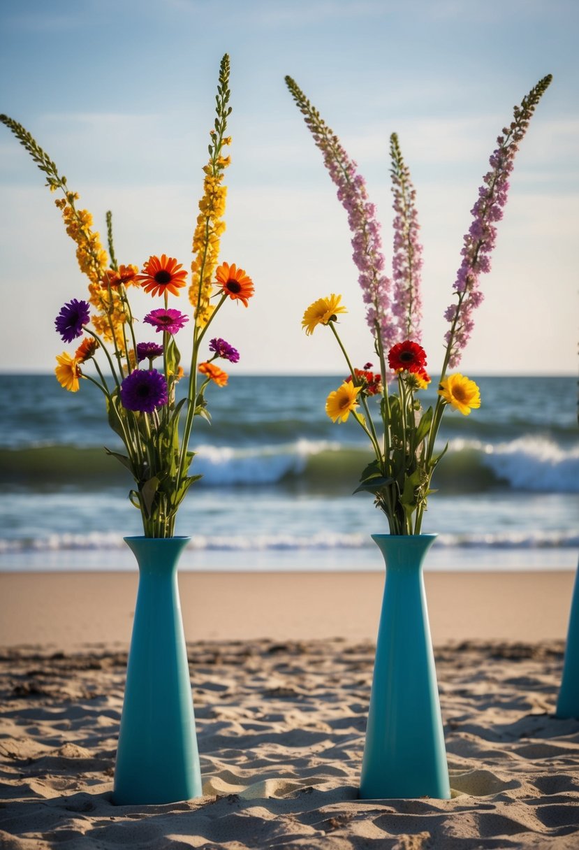 Tall vases filled with colorful flowers stand on a sandy beach, swaying in the wind as waves crash in the background