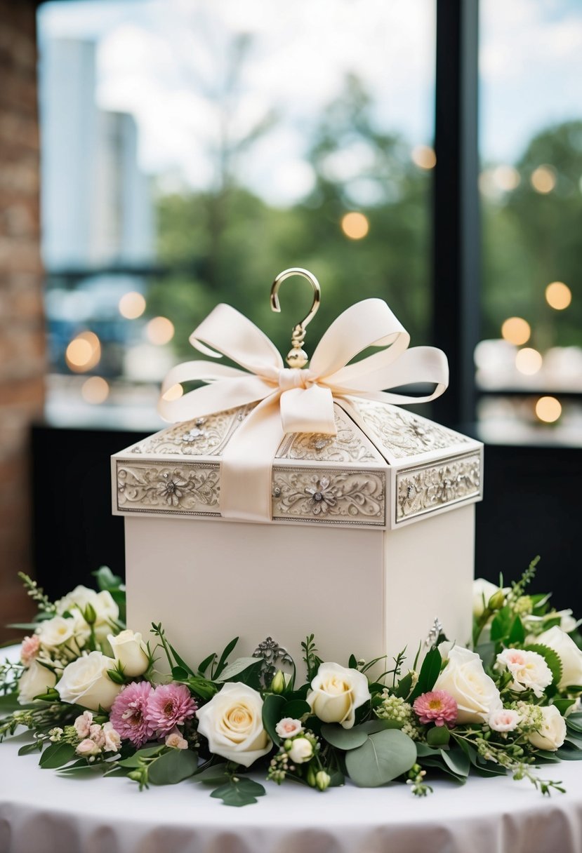 A decorative card box sits atop a table adorned with flowers and ribbons, ready to receive wedding gifts