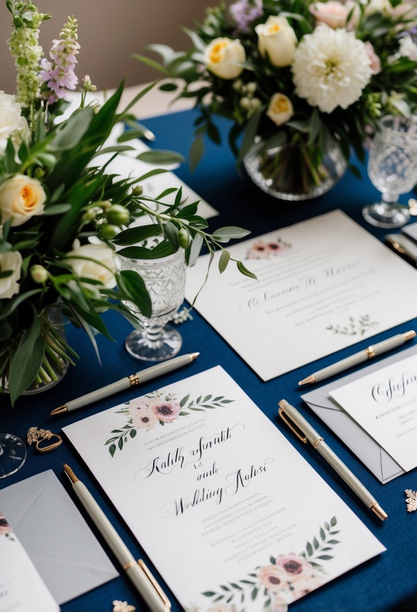 A table with elegant wedding invitation samples, surrounded by floral arrangements and calligraphy pens