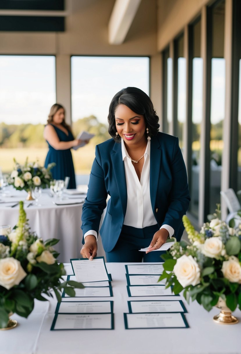 A wedding coordinator organizing seating charts and floral arrangements