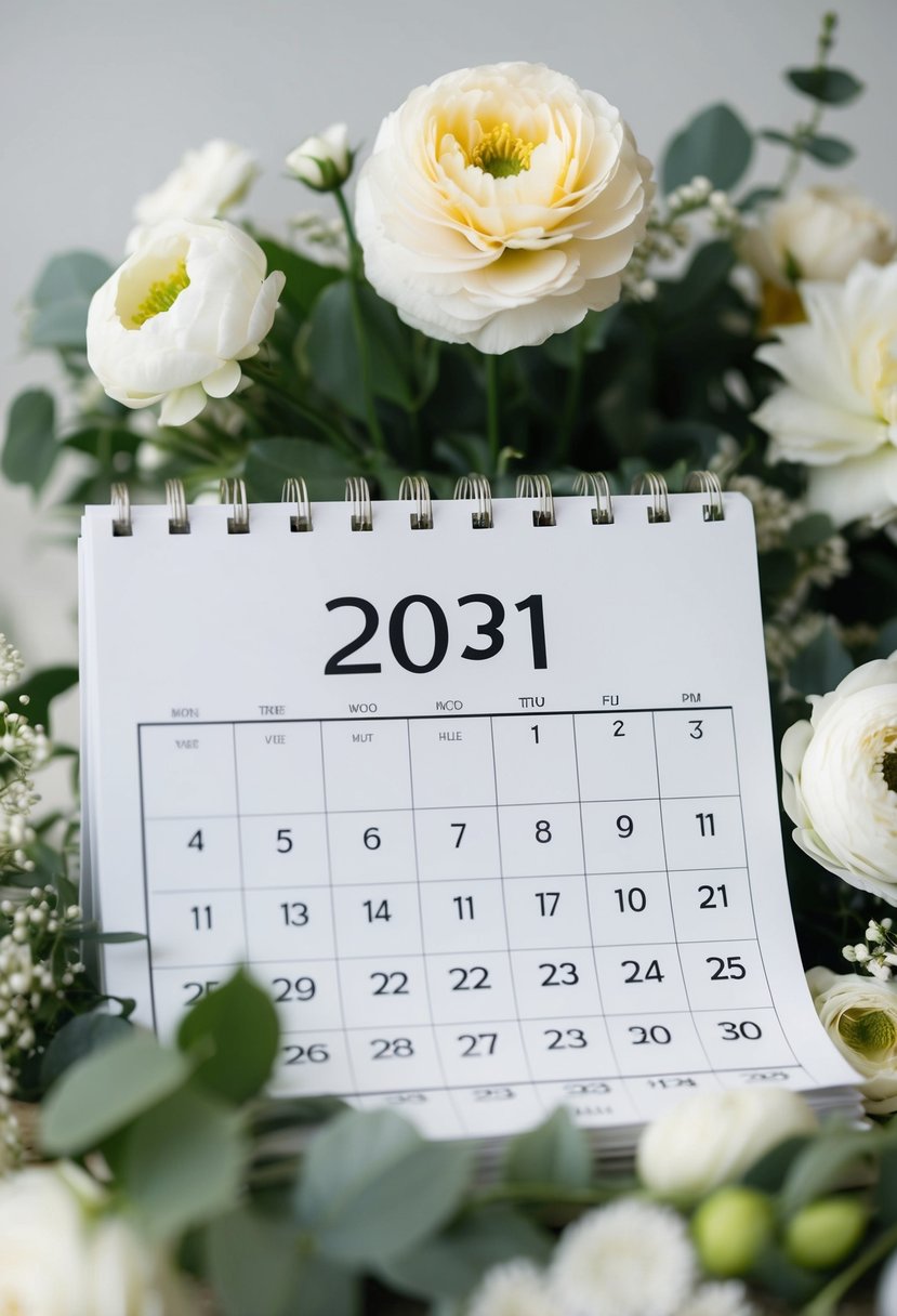 A calendar with the date one year in the future circled, surrounded by wedding-themed decorations and flowers