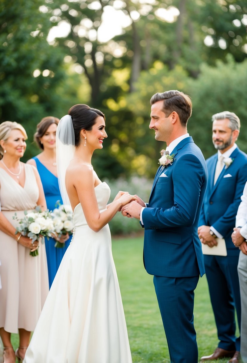 A bride and groom stand facing each other, surrounded by family and friends. They practice their vows and exchange rings in a beautiful outdoor setting