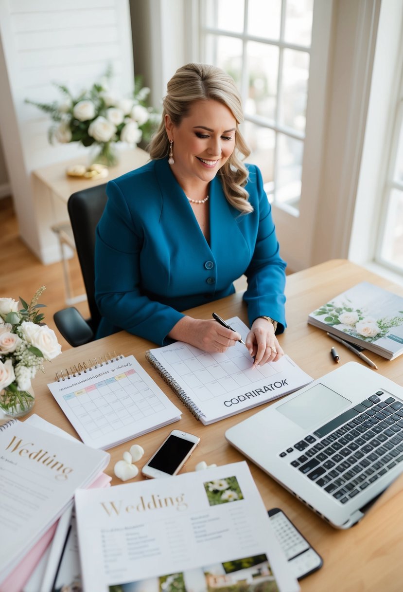 A wedding coordinator sits at a desk with a calendar, checklist, and phone. They are surrounded by wedding magazines and a laptop, planning for the big day