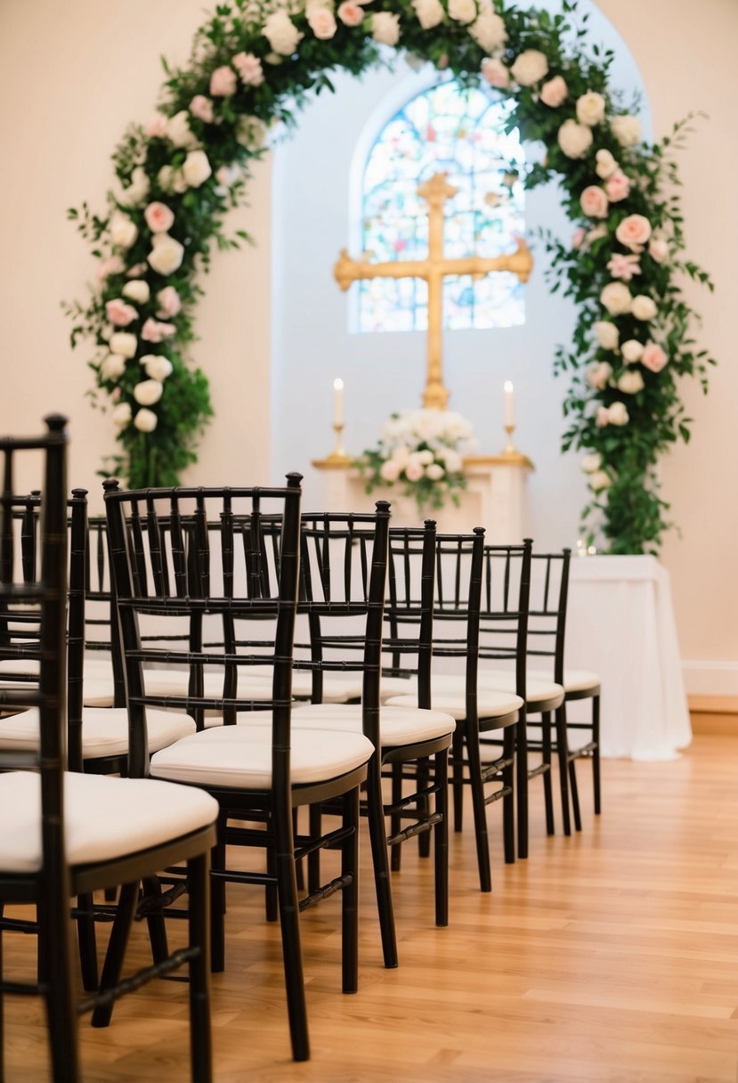 A row of chairs arranged in front of an altar, with a flower-adorned archway in the background