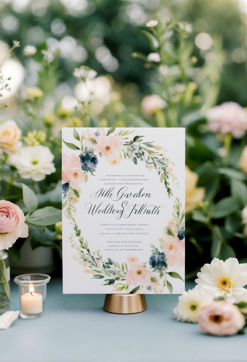 A garden-themed wedding invitation with watercolor florals and delicate calligraphy. Soft pastel colors and elegant script font create a romantic and timeless feel