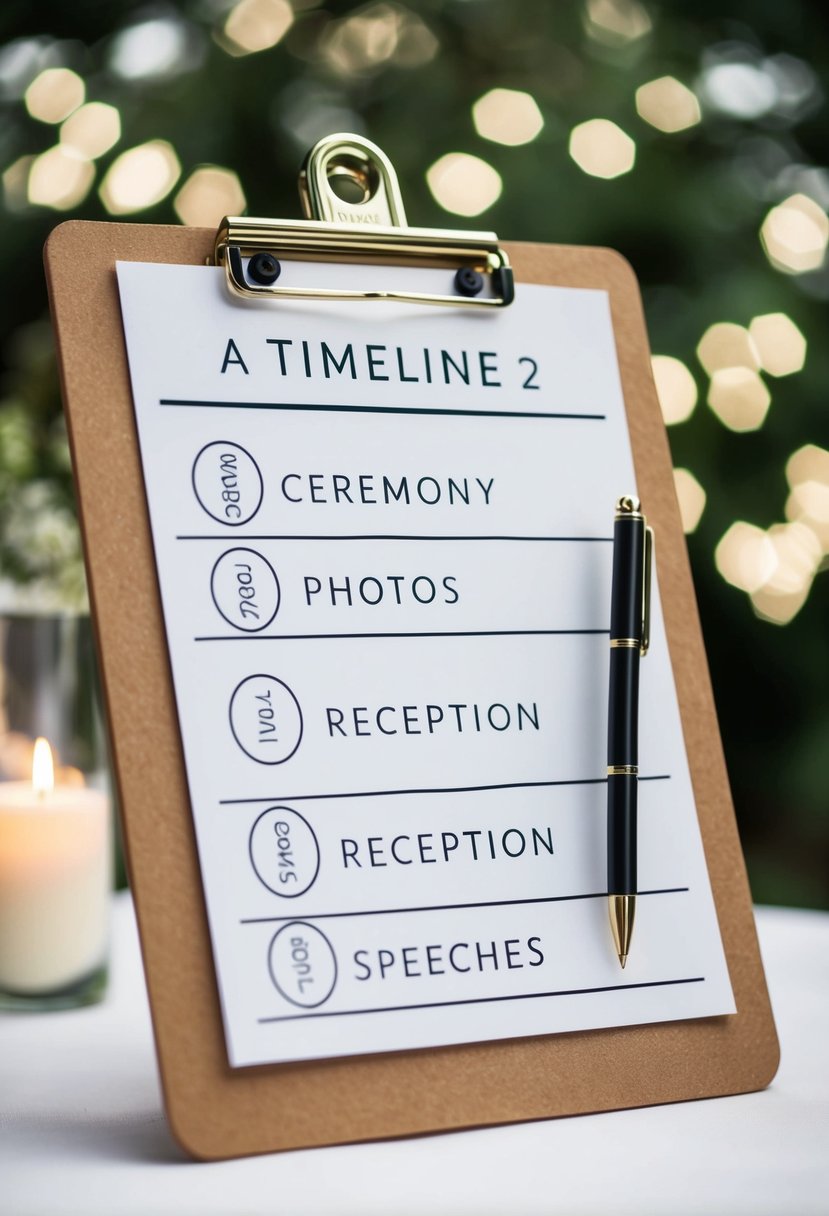 A timeline with labeled sections for each part of the wedding day, including ceremony, photos, reception, and speeches, displayed on a clipboard with a pen