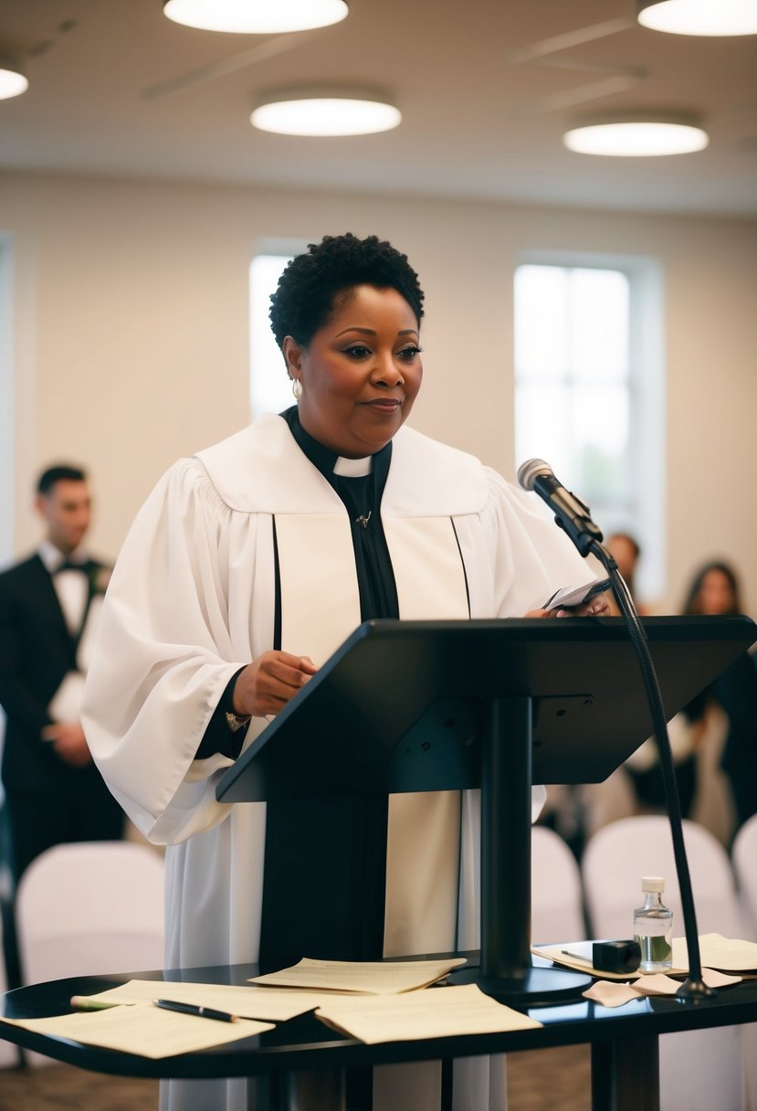 An officiant stands at a podium, surrounded by scattered notes and a pen. They appear to be preparing for a wedding rehearsal, with a thoughtful expression on their face