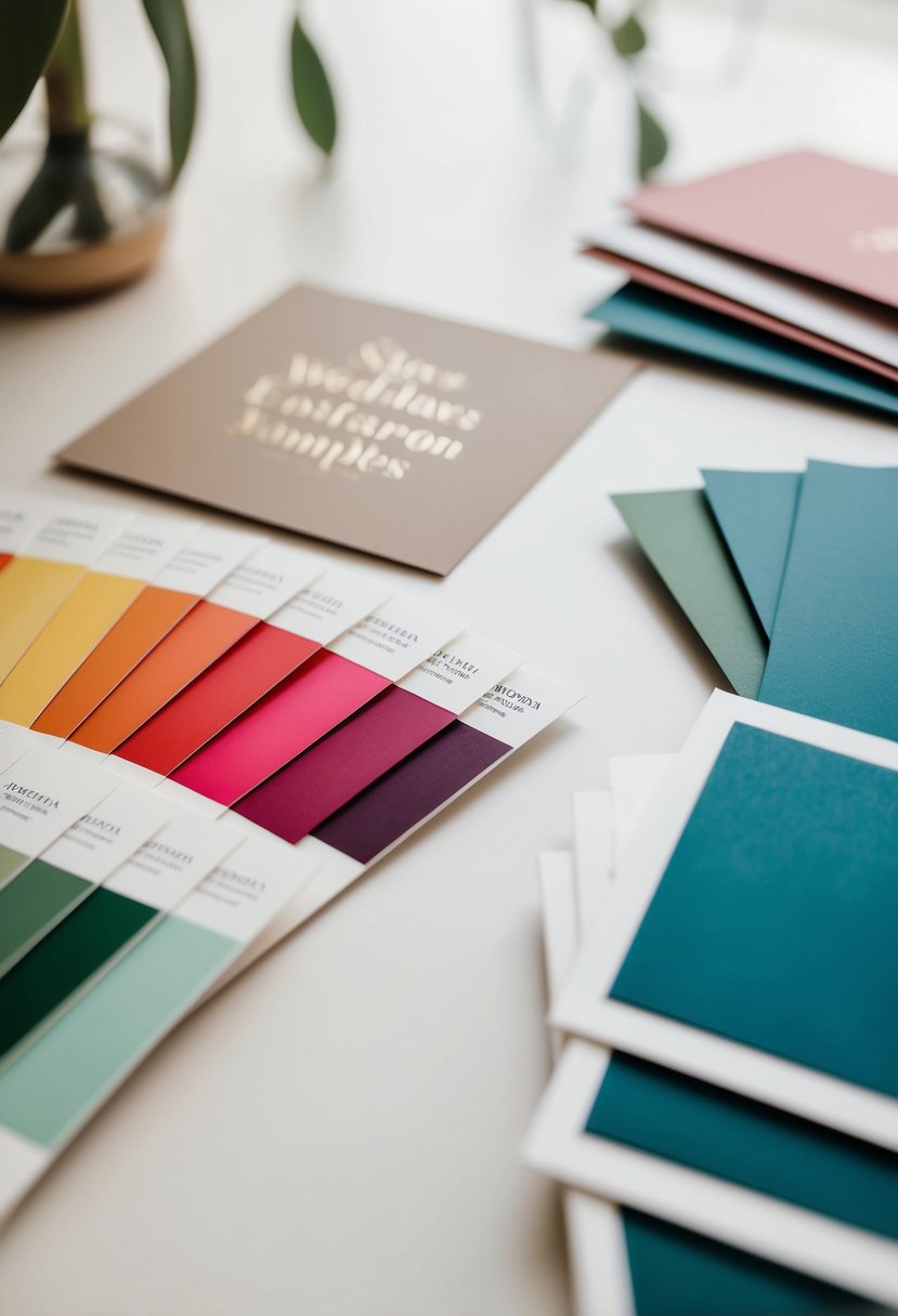 A table with swatches of complementary colors and wedding invitation samples