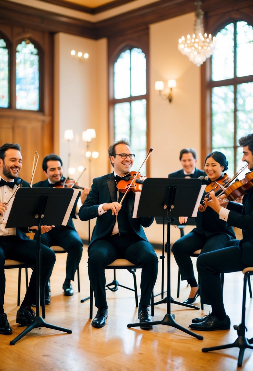 A group of musicians rehearsing for a wedding, surrounded by music stands and instruments, with a joyful and celebratory atmosphere