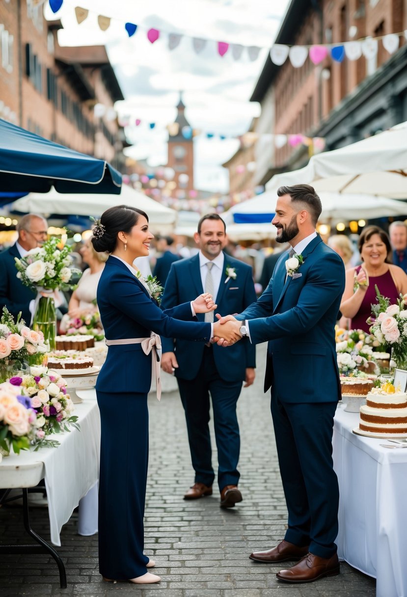 A wedding coordinator shaking hands with various vendors in a bustling market square. Tables of flowers, cakes, and decorations line the area