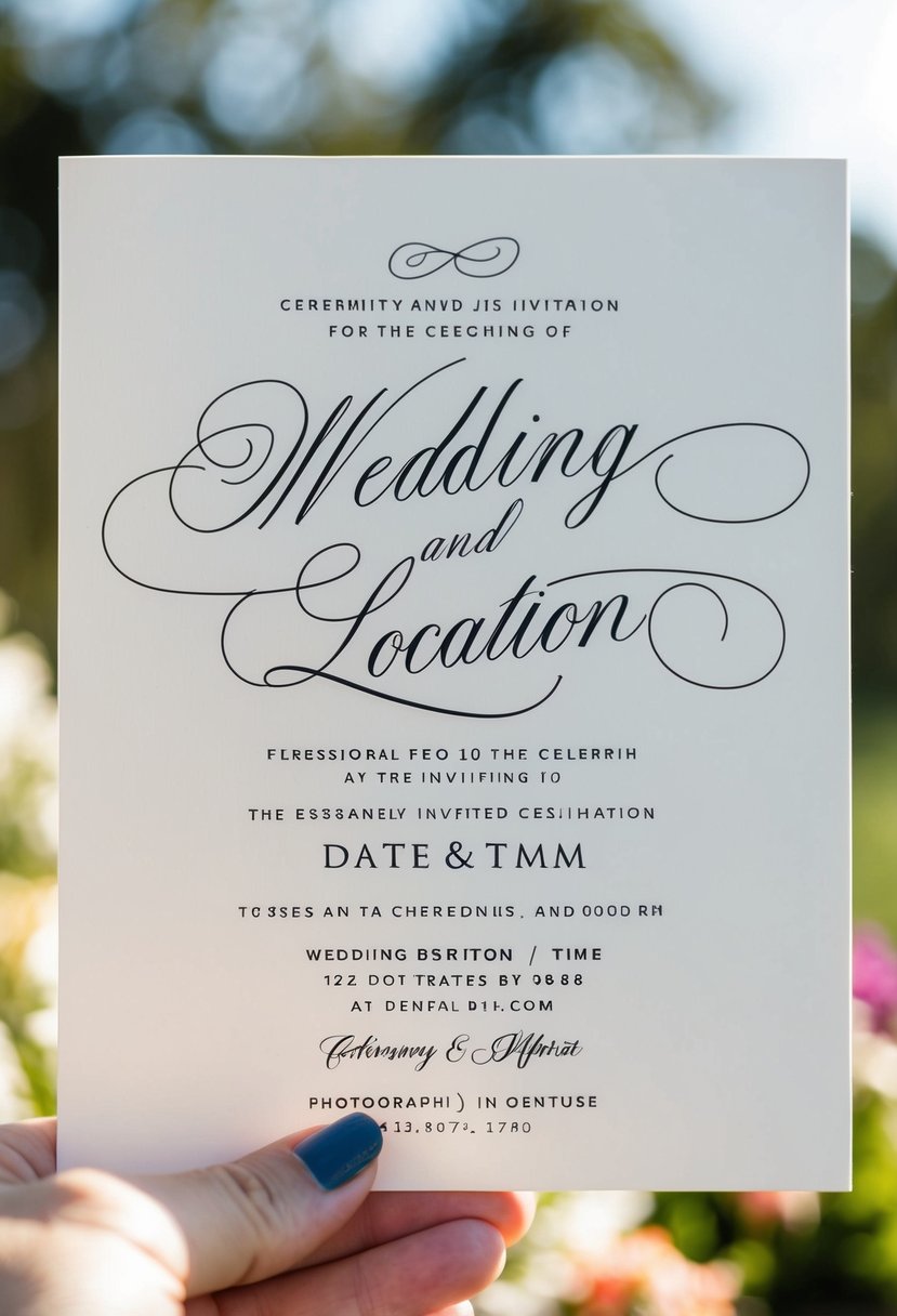 A wedding invitation with elegant script, displaying the ceremony date, time, and location