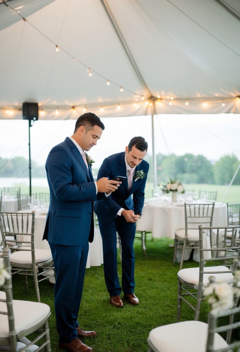 A wedding coordinator checks a weather app while setting up a tent and arranging indoor seating