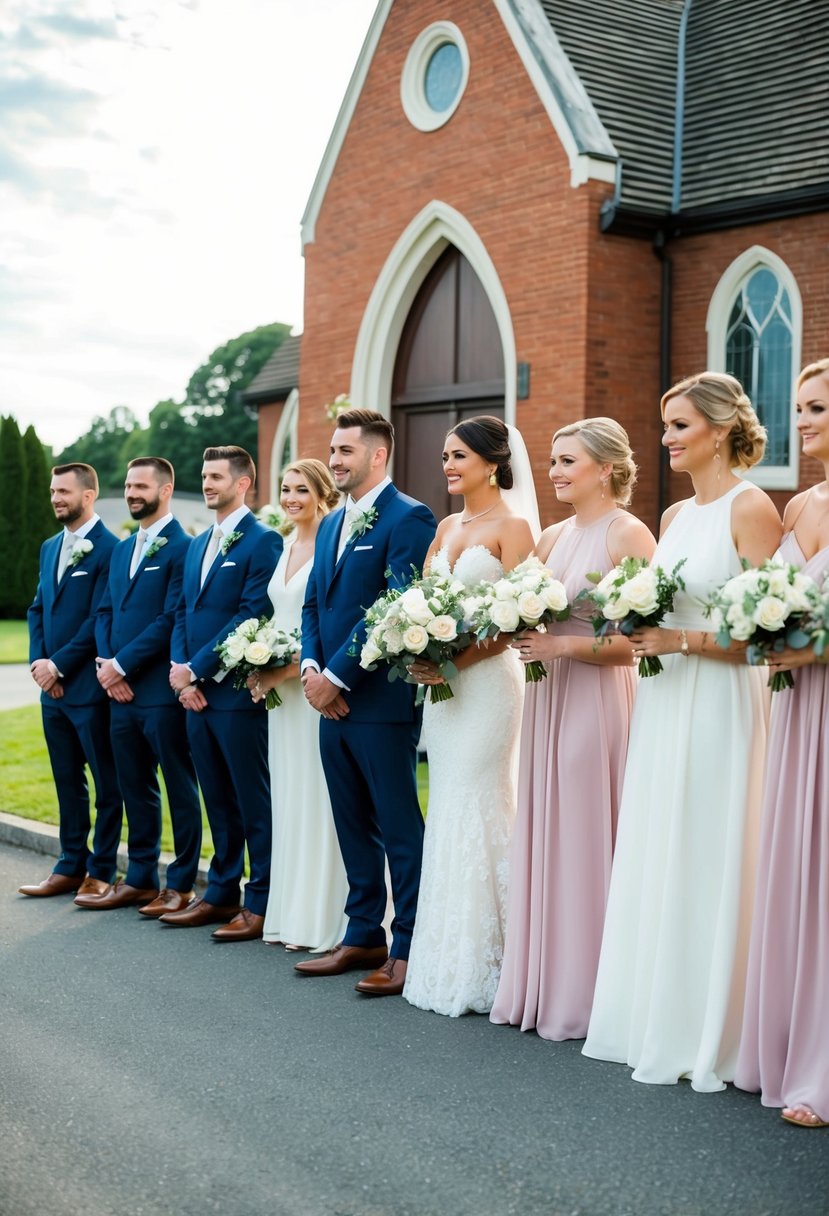 Bridal party lines up outside church, groomsmen on left, bridesmaids on right, waiting to practice entrance order for wedding