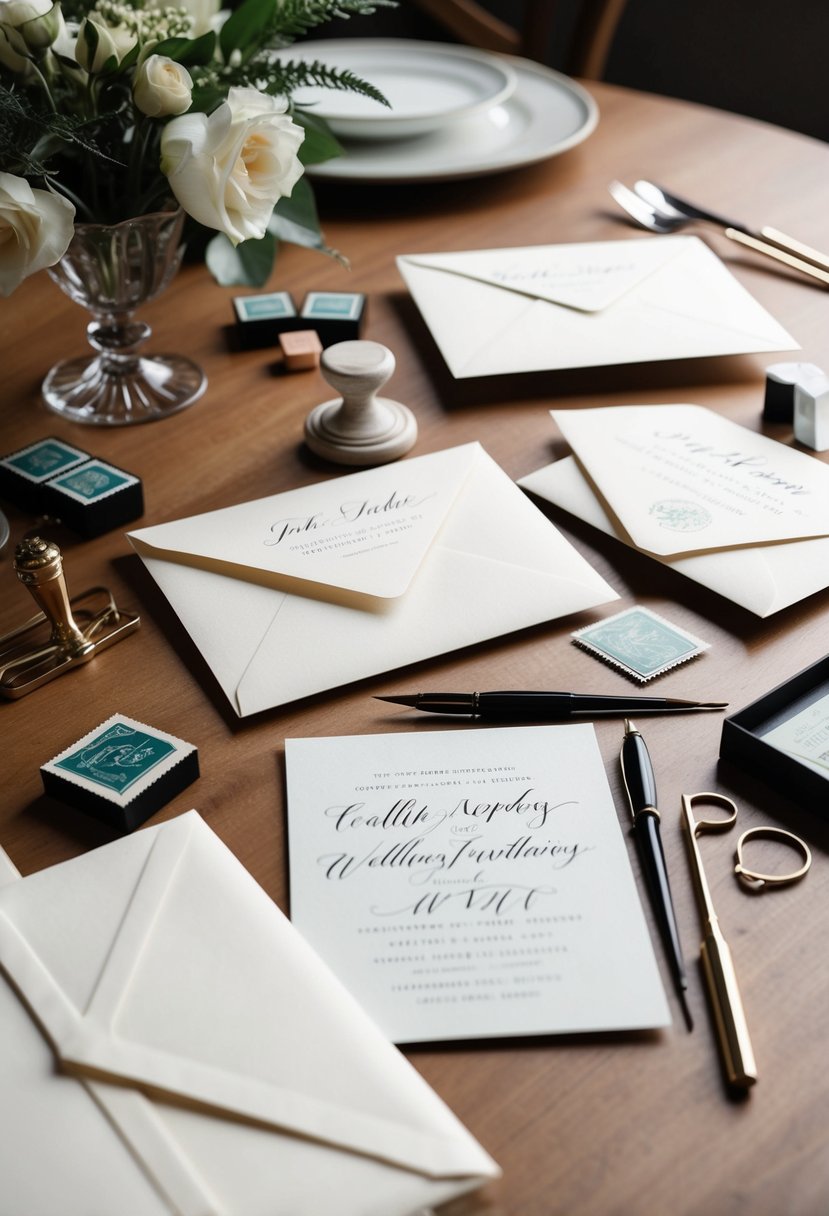 A table set with elegant envelopes, stamps, and calligraphy tools for addressing wedding invitations