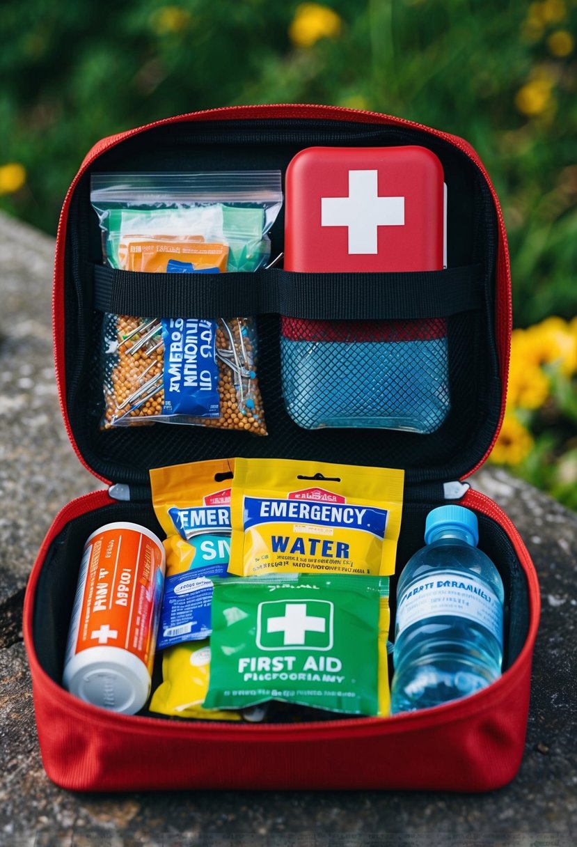 An open emergency kit with pins, snacks, water, and first aid supplies organized neatly inside