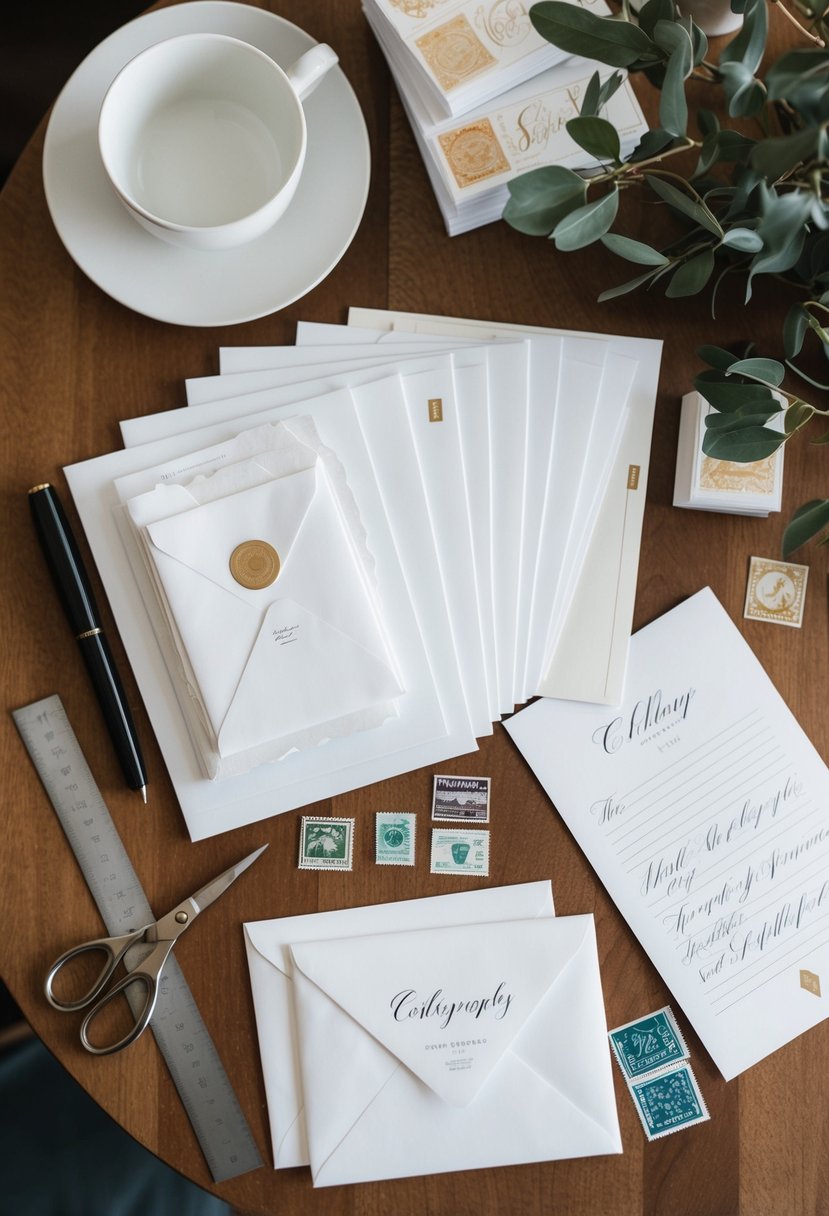 A table with neatly arranged paper, envelopes, stamps, and calligraphy pens. A ruler and scissors lay nearby for precise cutting