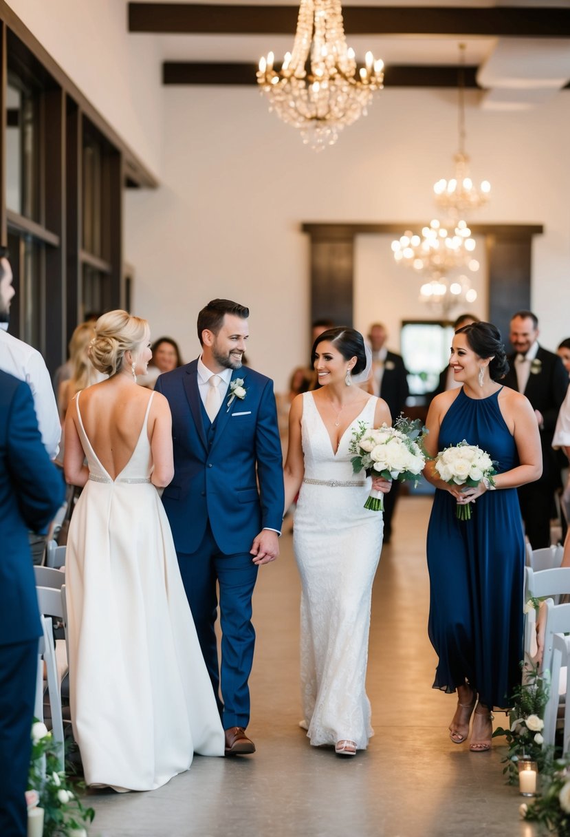 A wedding coordinator leads a final walk-through at the venue with the couple, discussing logistics and final details