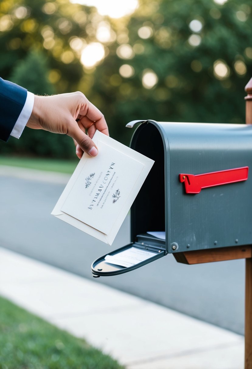 A hand dropping wedding invitations into a mailbox