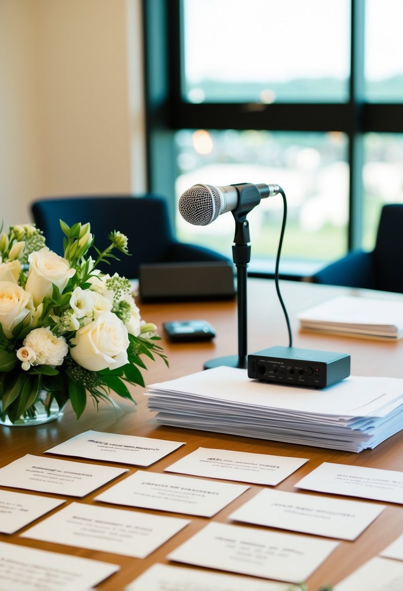 A table with a neatly arranged array of wedding rehearsal tips, a stack of practice scripts, and a microphone for the speaker