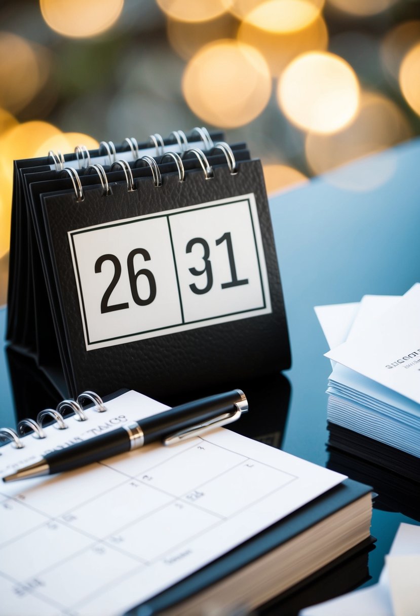 A calendar with a highlighted date, a pen, and a stack of wedding invitations