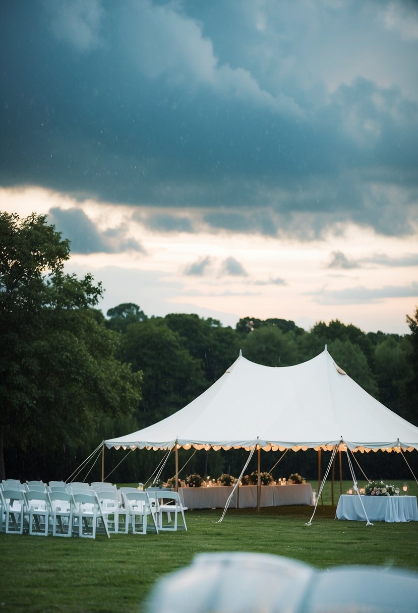 A wedding rehearsal scene with a tent set up in case of unforeseen weather, with scattered clouds and a hint of rain in the distance