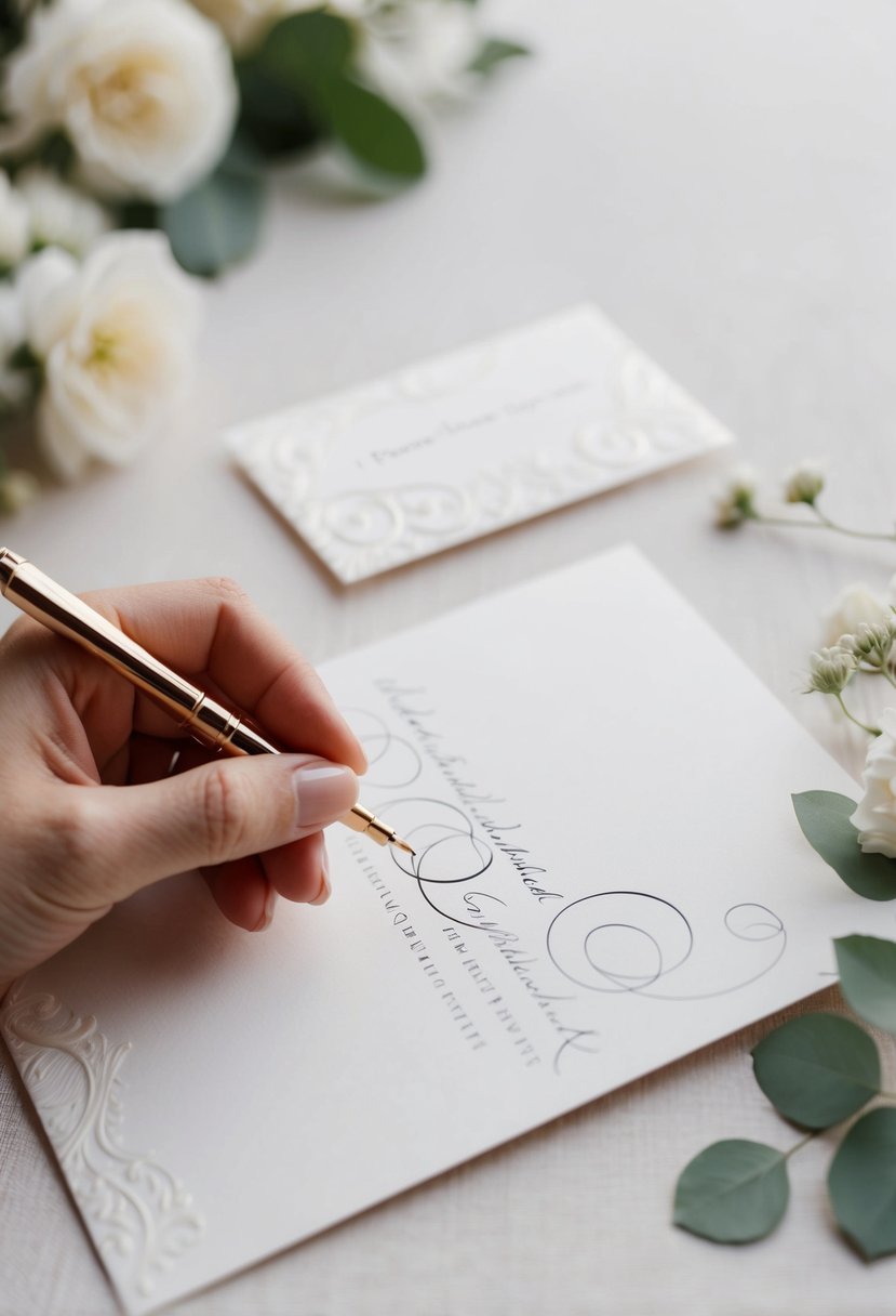 A delicate hand holding a calligraphy pen, creating graceful swirls and loops on a pristine white wedding invitation