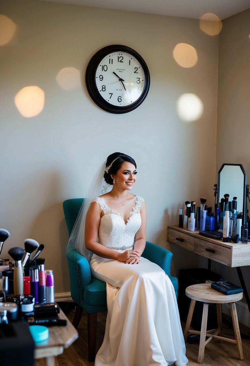 A bride sits in a chair, surrounded by makeup and hair products. A clock on the wall shows the time ticking away