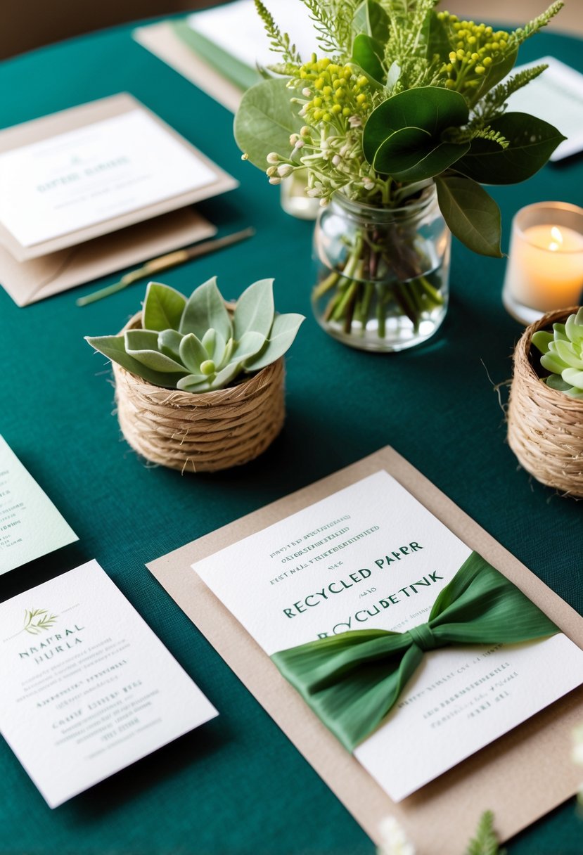 A table with recycled paper, plant-based inks, and natural fibers for wedding invitation design