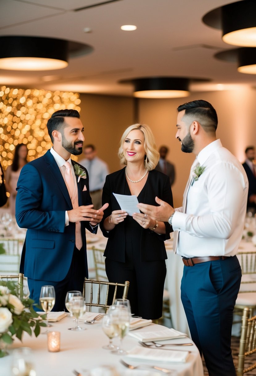 A venue coordinator discusses wedding rehearsal tips with a couple in a decorated event space