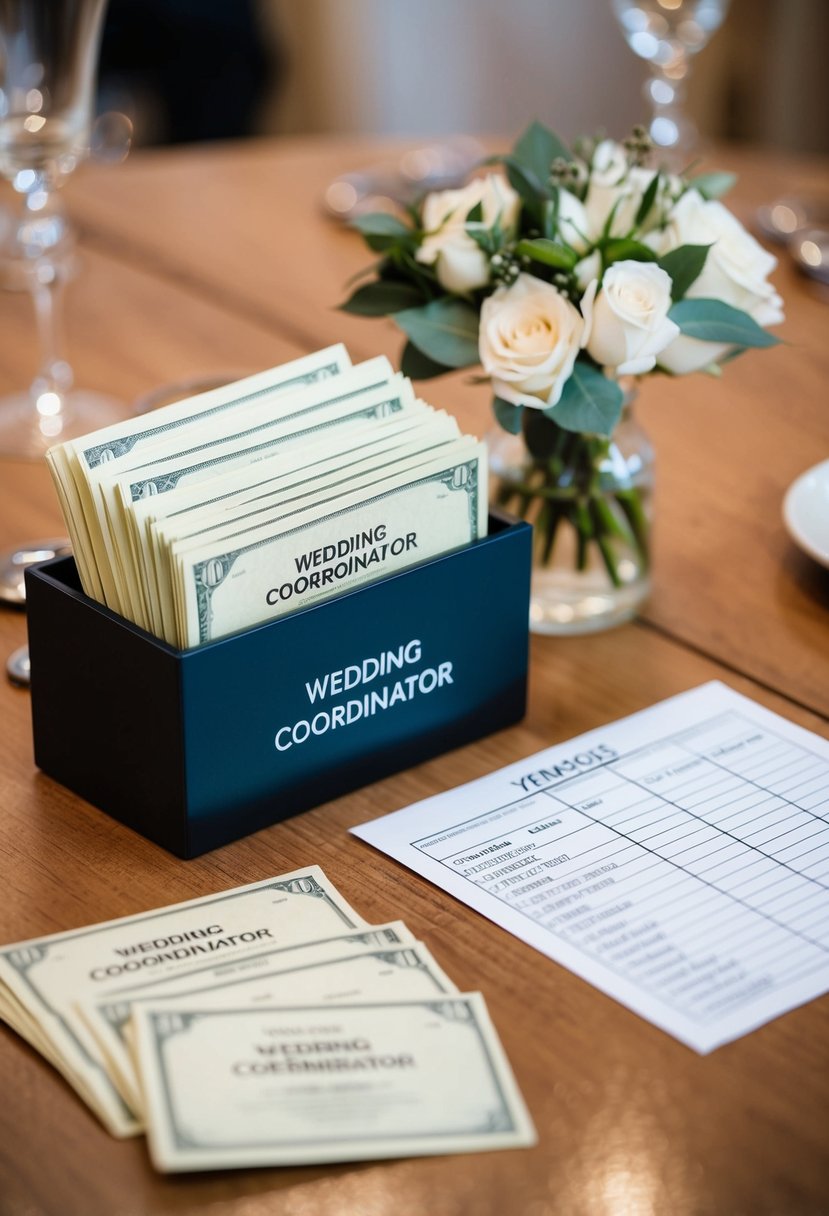 A table set with envelopes labeled "Wedding Coordinator" filled with cash and placed next to a list of vendors