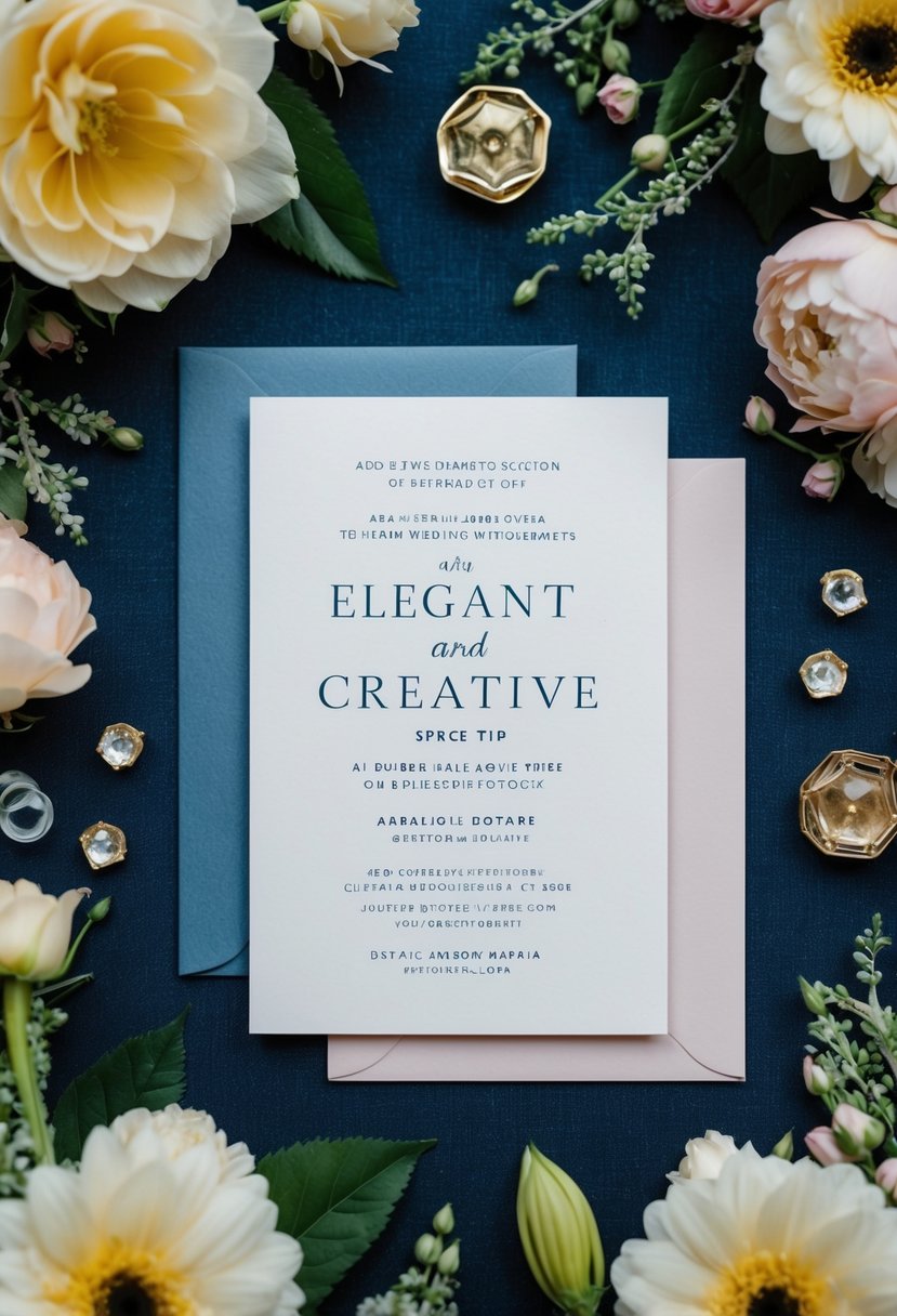 A wedding invitation with double-sided design, featuring elegant and creative space tips, surrounded by floral and decorative elements