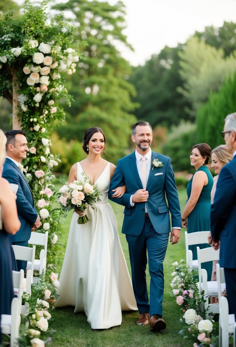 A serene outdoor wedding rehearsal with a couple walking down the aisle, surrounded by lush greenery and blooming flowers