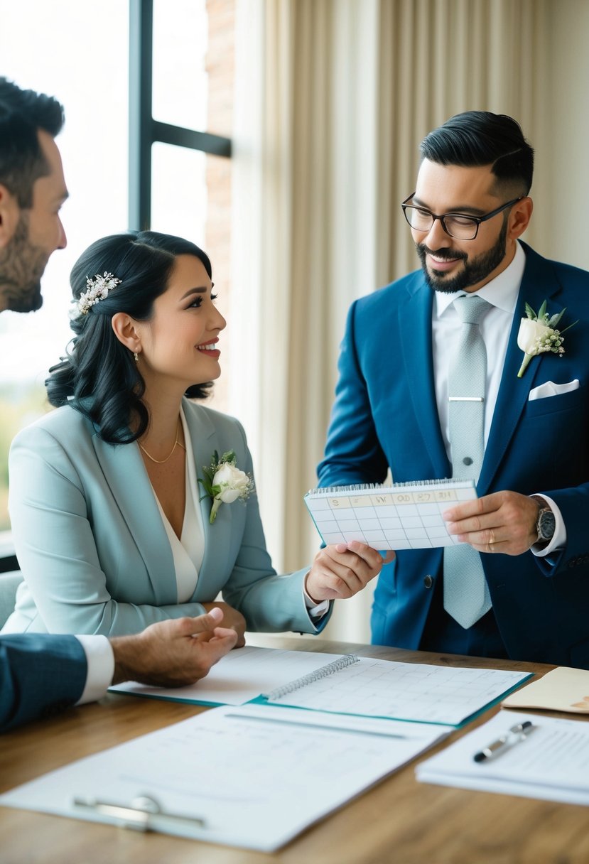 A wedding coordinator speaking with a couple, using a calendar and checklist to manage expectations