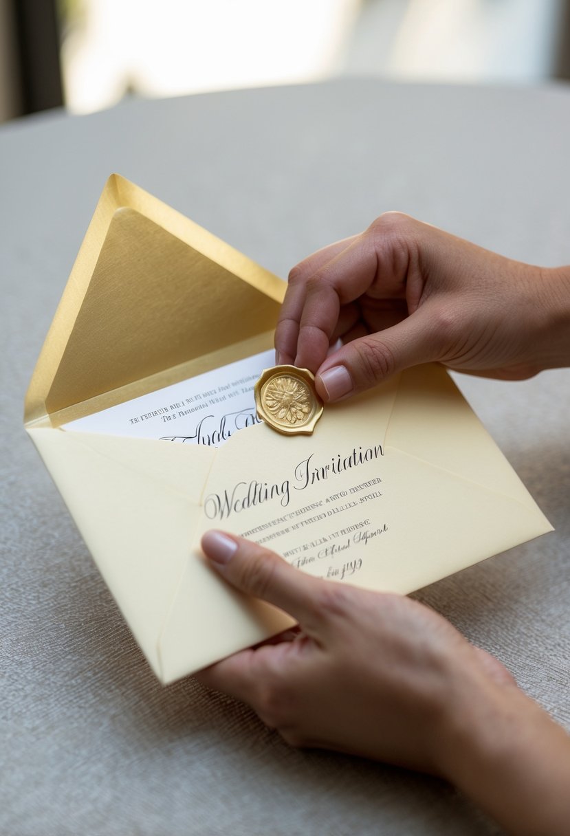 A hand placing a formal wedding invitation into a cream-colored envelope, with a gold seal and elegant calligraphy