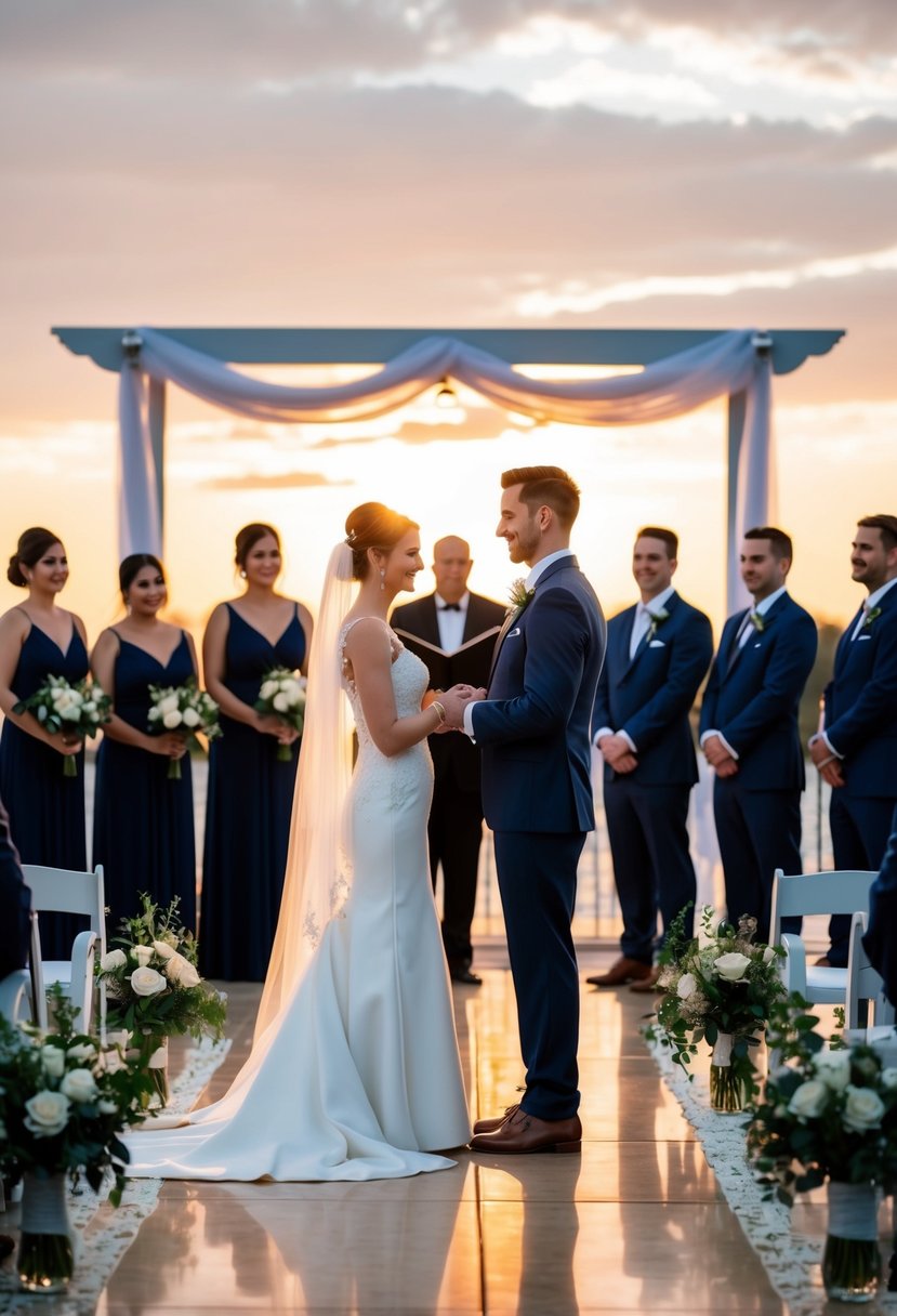 A bride and groom stand at the altar, practicing their vows as the wedding party watches from their designated positions. The sun sets behind them, casting a warm glow over the scene