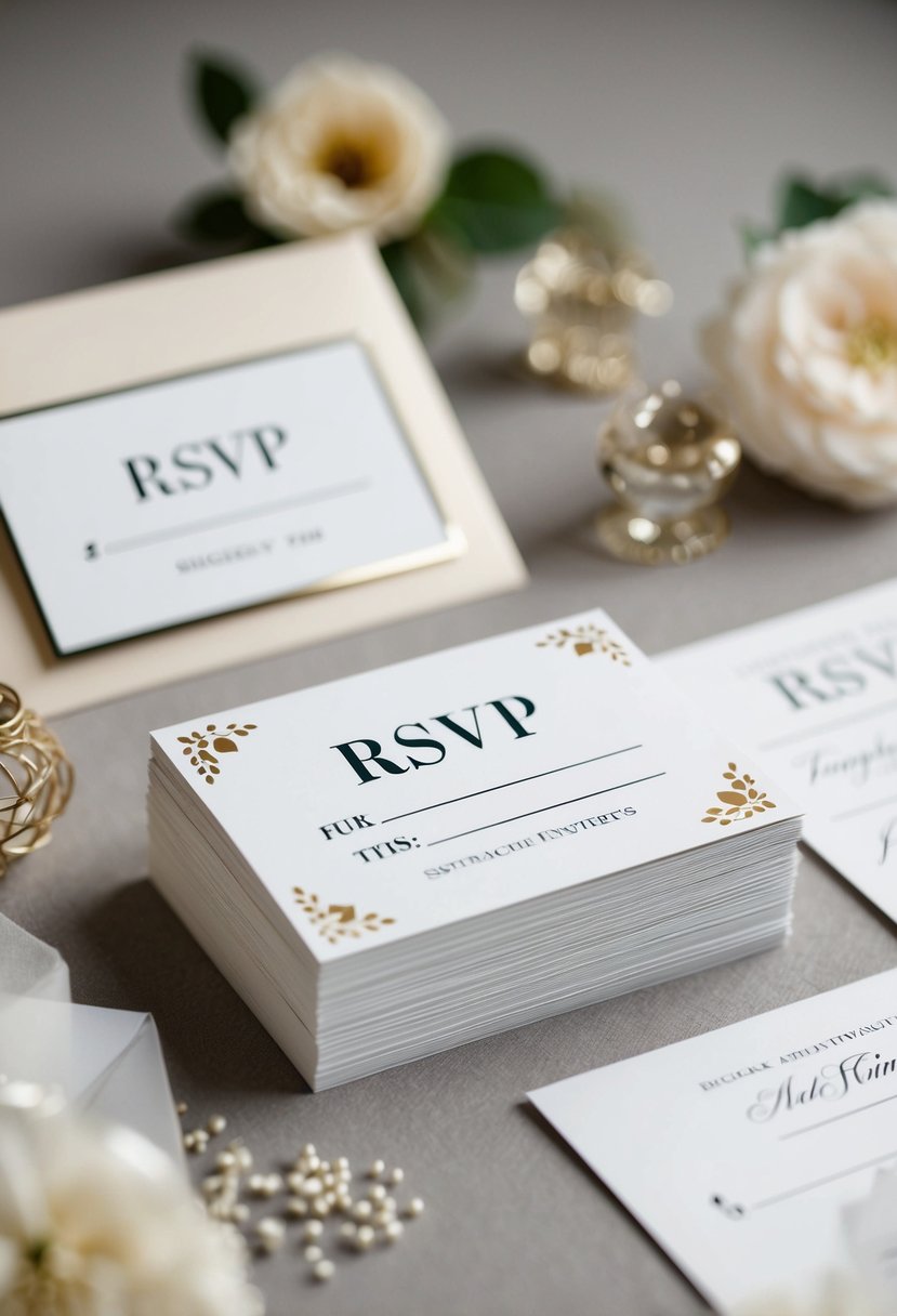 A stack of RSVP cards with numbered spaces for tips, surrounded by elegant wedding invitations