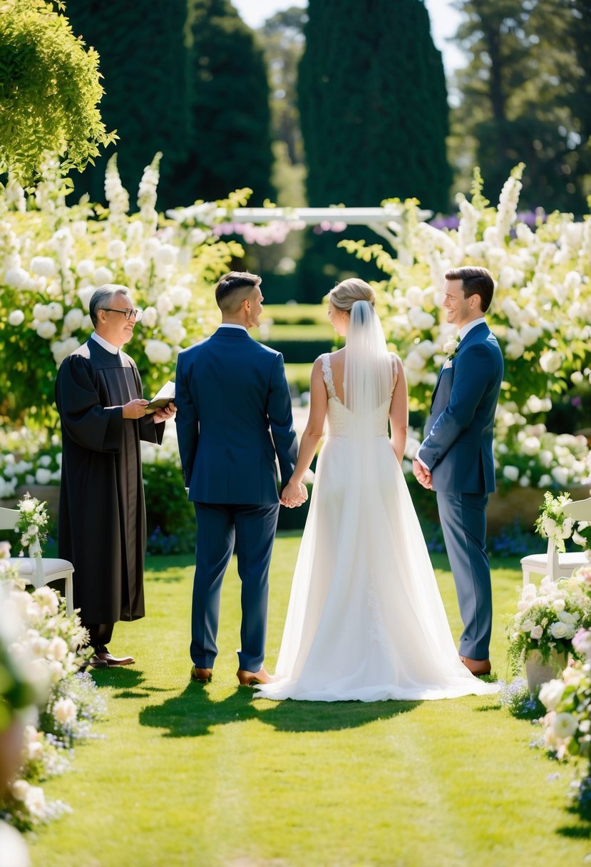 A bride and groom stand facing each other in a spacious, sunlit garden, surrounded by blooming flowers and greenery. An officiant stands nearby, offering guidance and tips for the upcoming wedding ceremony