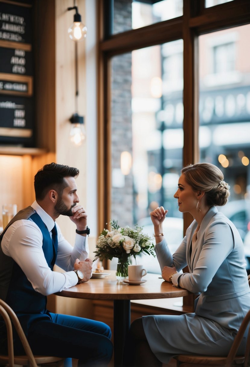 A wedding coordinator sits across from a couple at a cozy coffee shop, listening intently as they discuss their vision for their special day