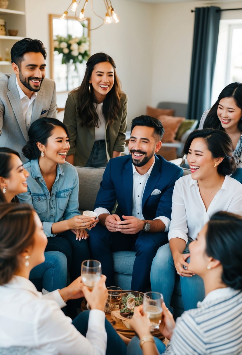 A group of friends gather in a cozy living room, exchanging wedding rehearsal tips and quick introductions. Laughter fills the air as they share stories and advice