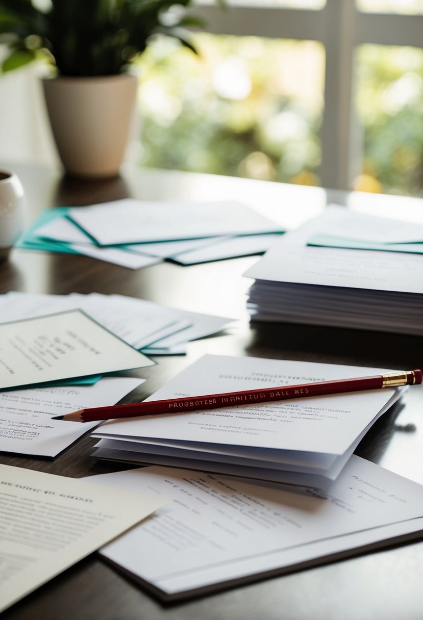 A desk with scattered wedding invitation drafts, a red pencil, and a stack of proofreading notes