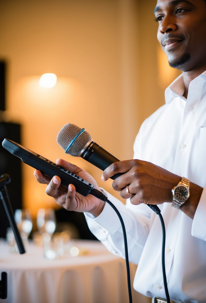 A person testing a microphone and sound system at a wedding rehearsal