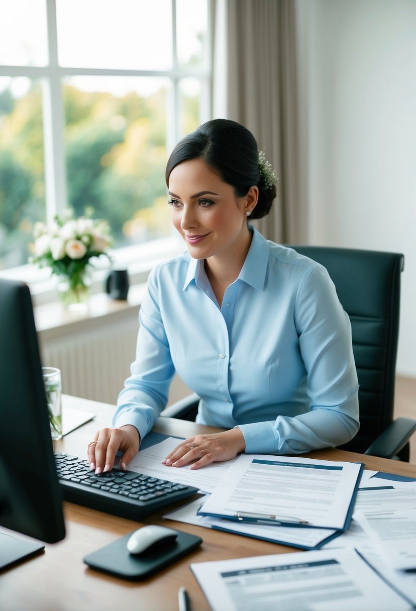 A wedding coordinator reviewing contracts at a desk, surrounded by paperwork and a computer, ensuring compliance and preventing surprises