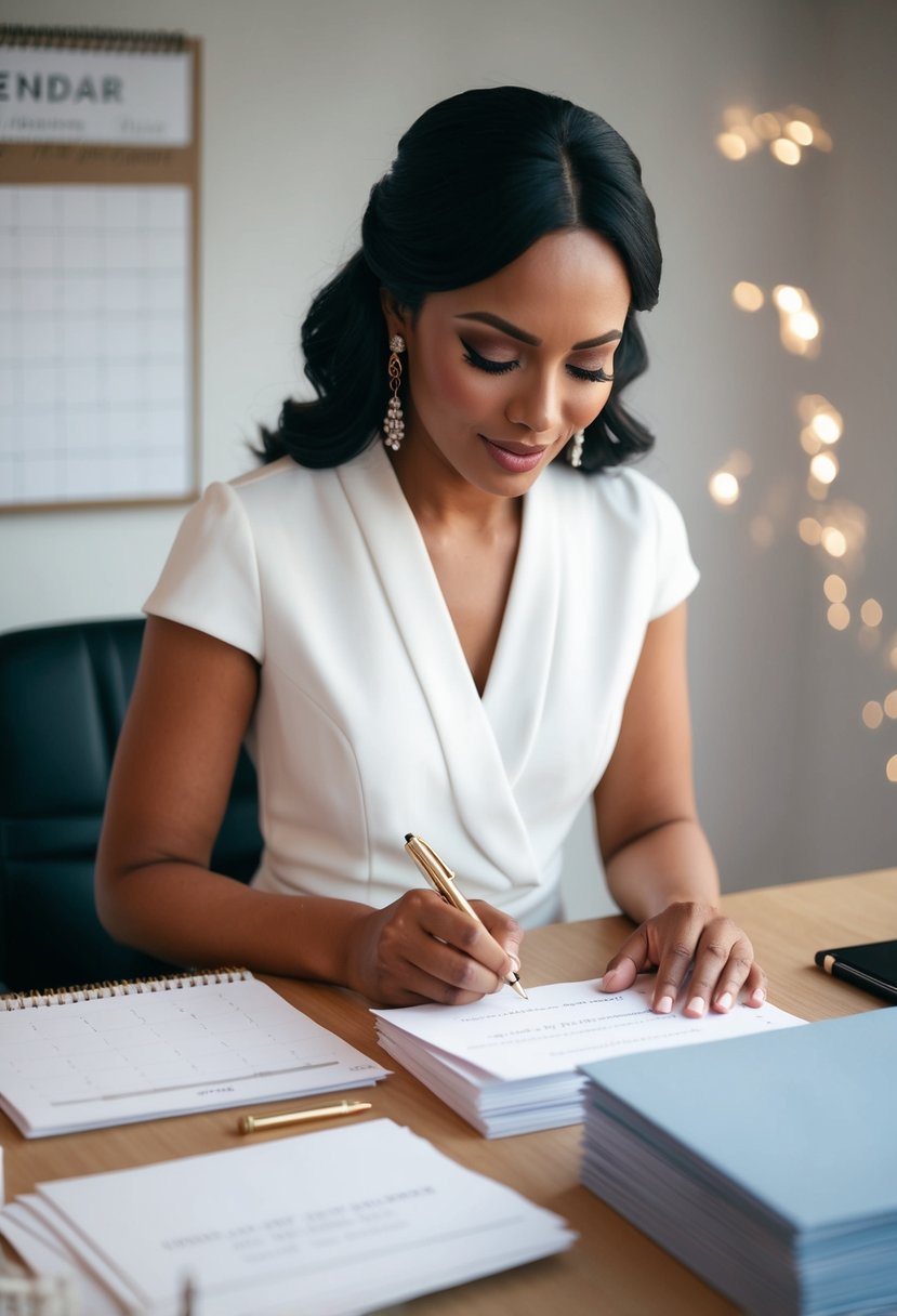 A woman sitting at a desk with a calendar, pen, and stack of envelopes. She is carefully writing out wedding invitations with a focused expression