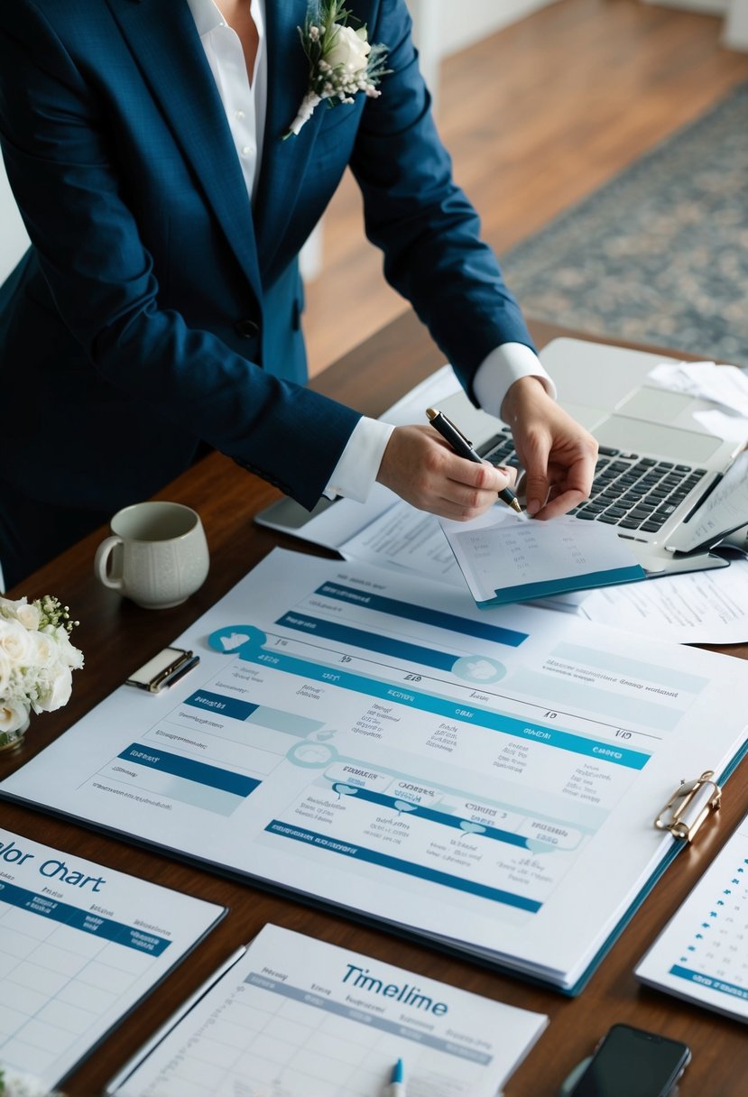 A wedding coordinator arranging a timeline, seating chart, and vendor contacts on a desk, with a calendar and checklist nearby for organization